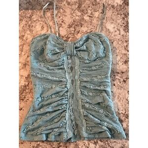 VTG XOXO Y2K 2000s Green Lace See Through‎ Sweetheart Tank Top Club Party Medium